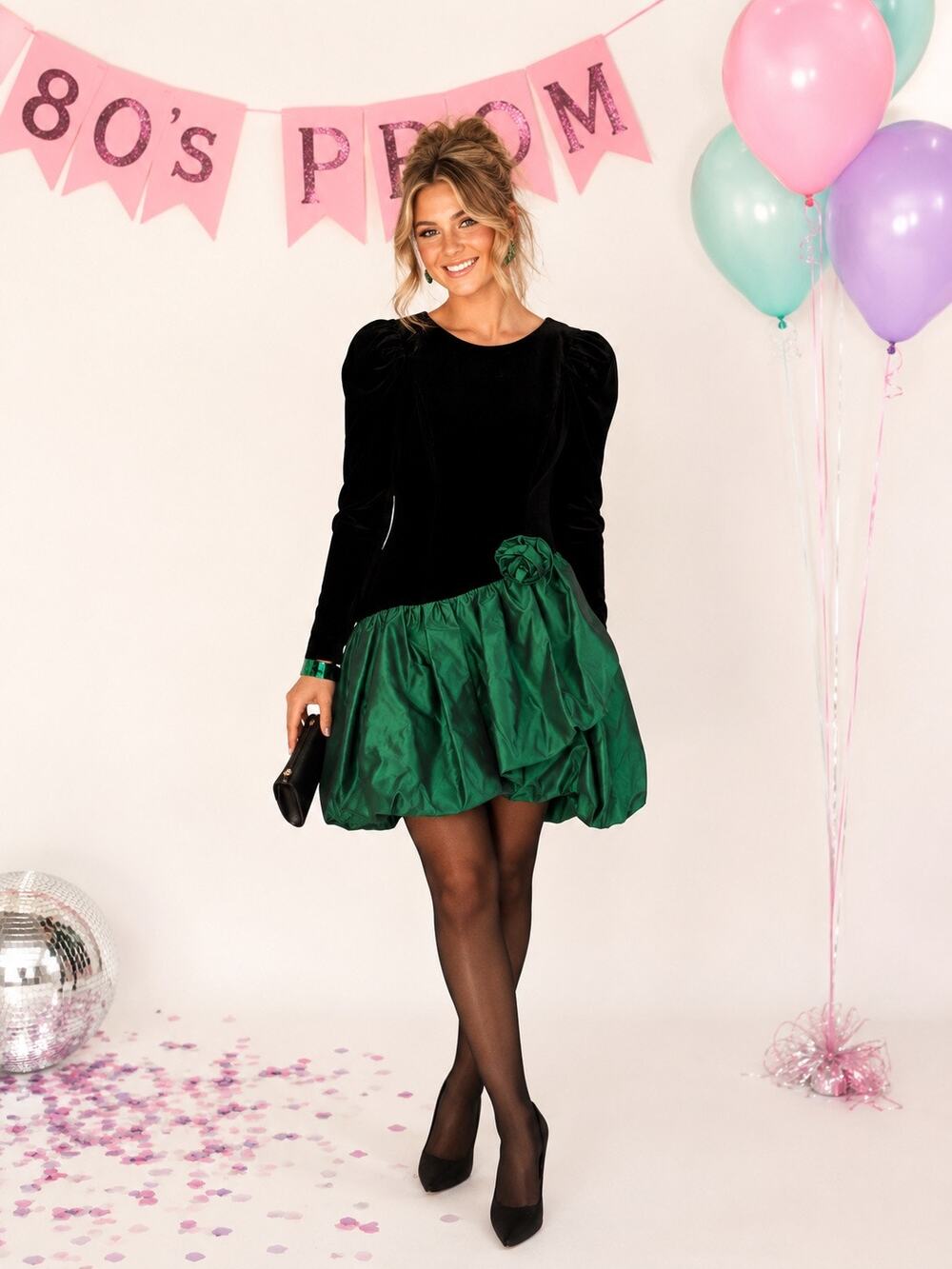 Vintage 80’s Black Velvet & Green Bubble Skirt with V-Neck Back Size: Medium